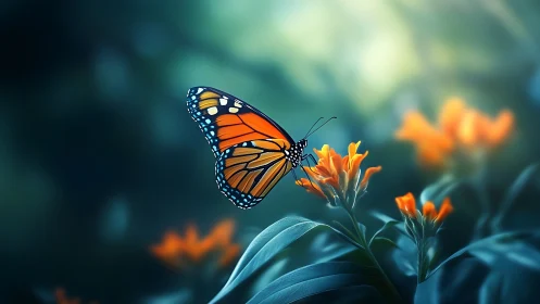 Monarch butterfly rests softly on glowing orange wildflowers