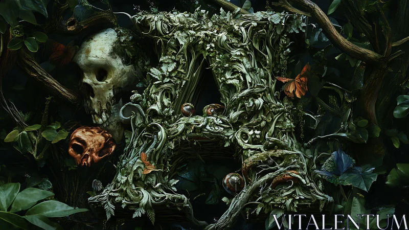 Overgrown letter A entwines with skulls, branches, and life.
