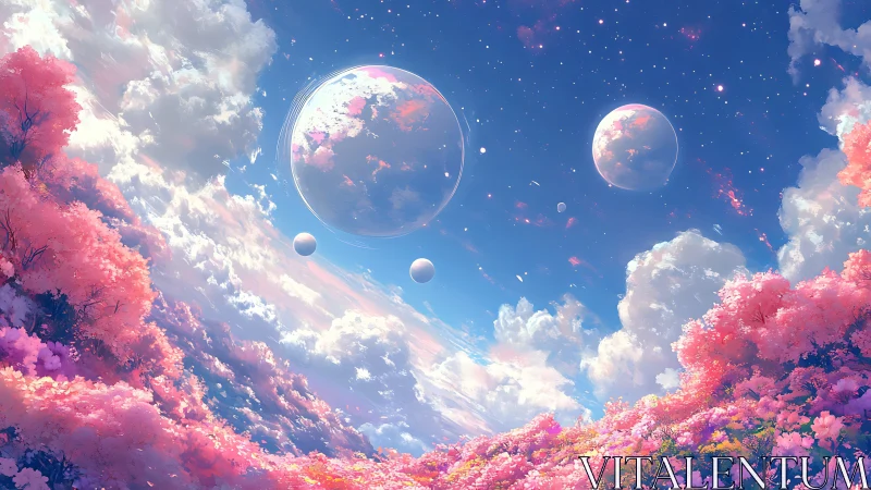 Dreamlike twin planets above luminous cherry valley.