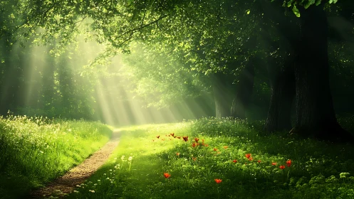 Sunlit forest path with wildflowers in dreamy, tranquil style.