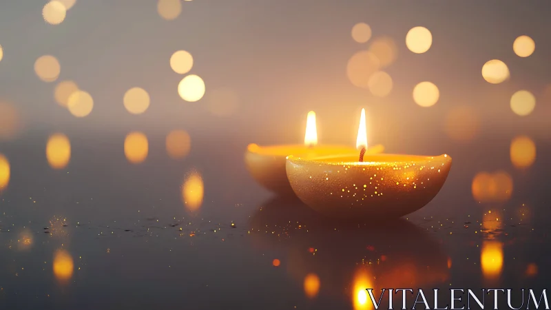 Golden votive candles glowing in soft bokeh haze.