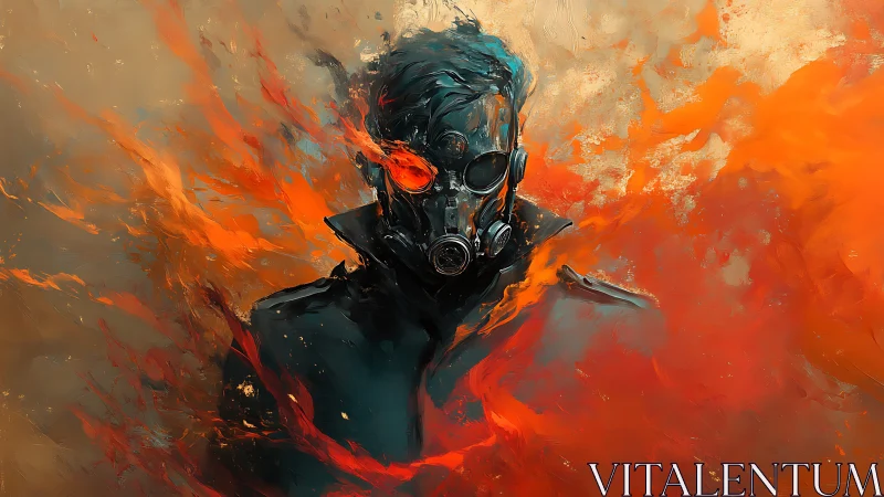 Fireborne wanderer in a gas mask strides through blazing dusk.