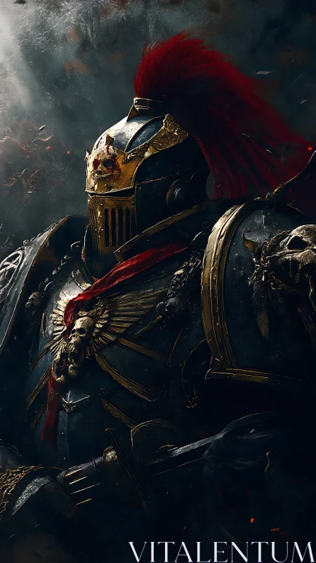 Gothic sci‑fi paladin in baroque gold armor, stormlit haze.