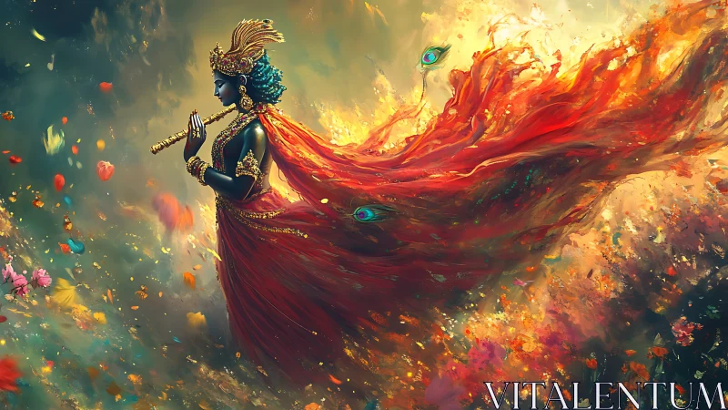 Mythic flute bearer amid turbulent chromatic vortex field.