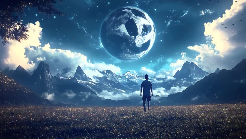 Solitary traveler gazes at colossal fractured planet above.