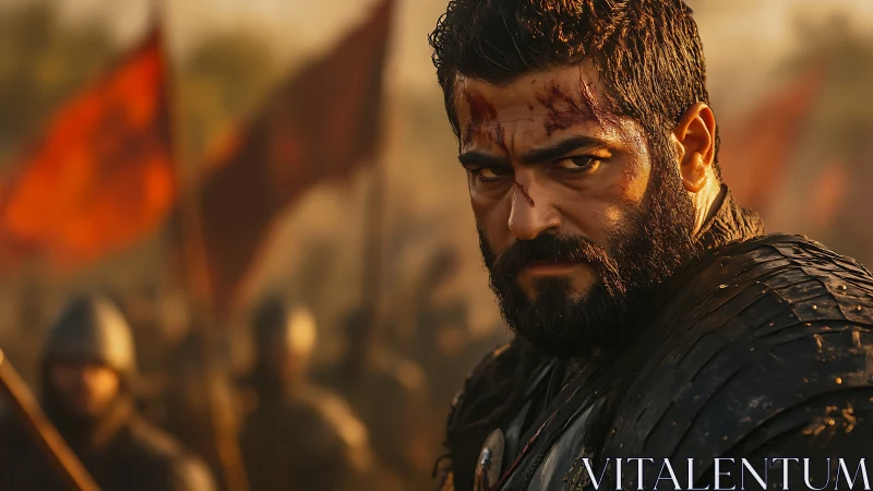 Cinematic warrior close-up in battle-worn armor lighting study.