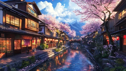 Digital painting of sakura-lined canal in traditional townscape.