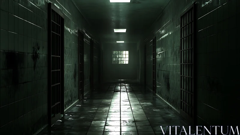 Abandoned prison corridor rendered in cinematic low key 3D lighting