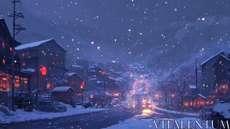 Snow covered town street at night with illuminated houses.