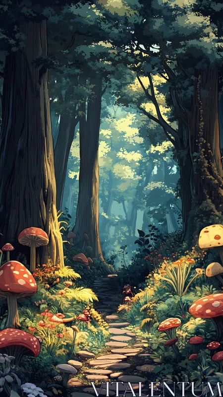 Enchanted Forest Pathway with Toadstool Vegetation