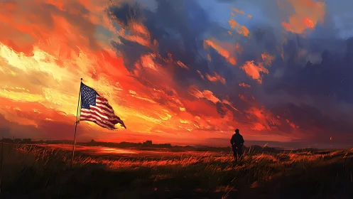 Flag of firelight over a lone watcher in storm-bright dusk.