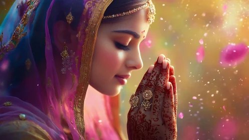Portrait of veiled woman in prayer with henna hands.