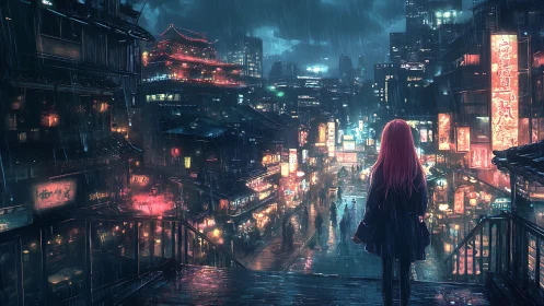 Neon rain cityscape with lone figure above crowded street.