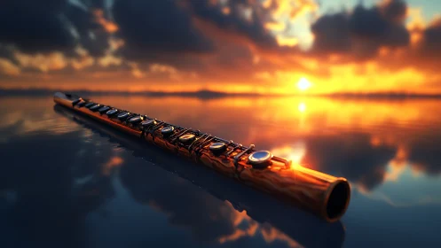 Bronze flute rests on mirrored water beneath a fiery sunset.