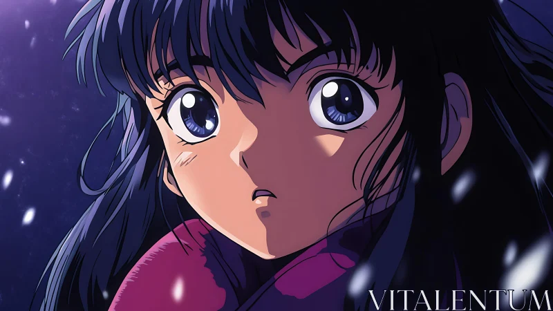 Anime close-up portrait in nocturnal snowfall lighting study.