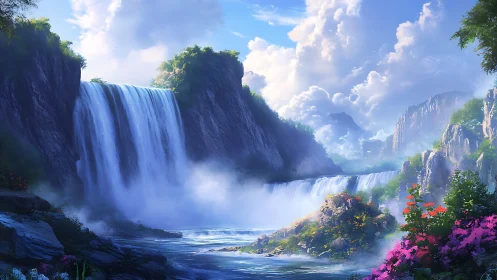 Luminous twin waterfalls in misty floral mountain valley.