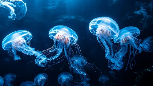 Bioluminescent jellyfish drift through dark blue ocean depth