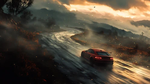 Red sports car on wet mountain road at misty sunset.