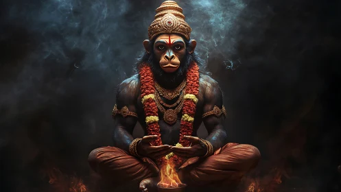 Simian fire sage in smoky divine meditation glow.