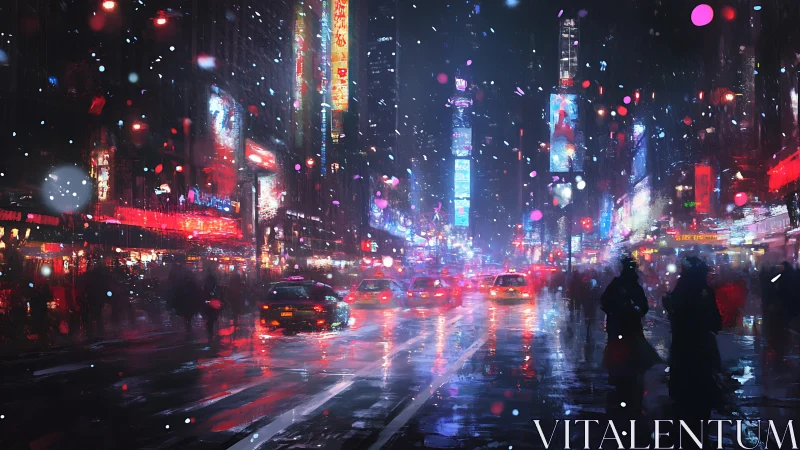 Neon city snowfall over a glowing midnight crossroads.