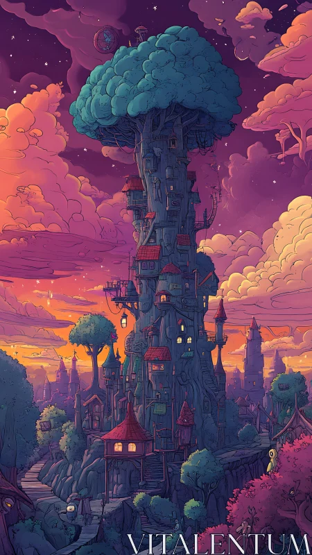 Vertical tree city tower in stylized sunset fantasy landscape.