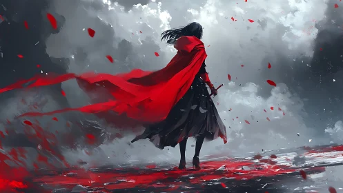 Red cloaked swordswoman in stormy battlefield, backlit sky