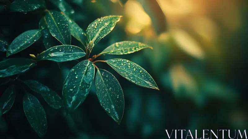 Green leaves with raindrops under soft golden light.