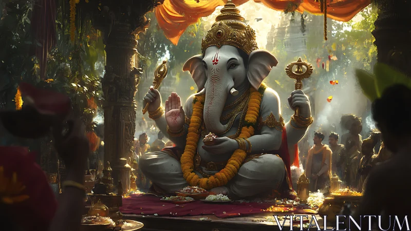 Ritualized Ganesha shrine under volumetric jungle light.