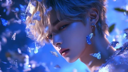 Moonlit muse crowned in luminous blue butterfly whispers.