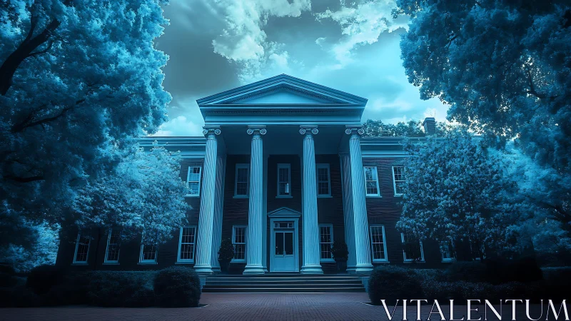 Neoclassical mansion glows in surreal cyan twilight aura.