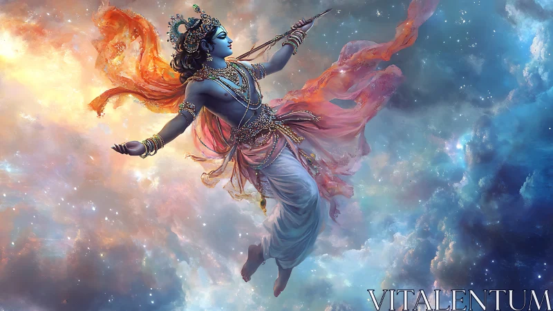 Divine blue deity drifts through iridescent cosmic nebulae