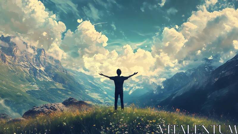 Silhouette stands on grassy ridge between digitally rendered peaks