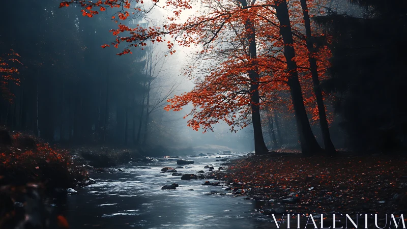 Fiery autumn trees glow beside a misty forest stream.