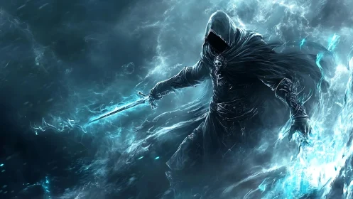 Hooded wraith commands icy magic amid a storm of spectral frost