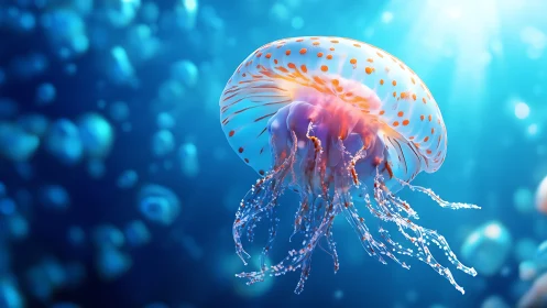 Digital painting study of luminescent jellyfish in blue water.