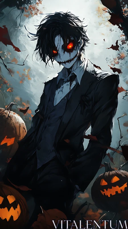 Suit-clad skull figure with glowing eyes in pumpkin field.