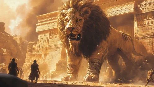 Colossal desert lion guarding forgotten sunlit ruins.