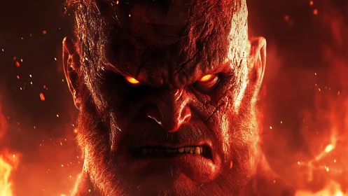Infernal humanoid close-up with emissive eyes and scorched skin.