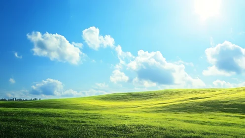 Sunlit green hillside stretches under wide blue sky