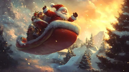 Santa soars in golden winter skies on gift-laden sleigh.