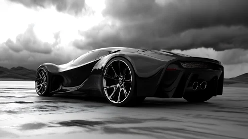 Sleek black futuristic supercar on wet open landscape.