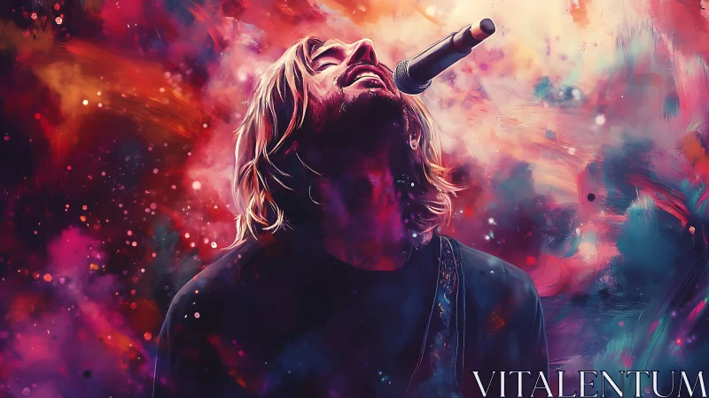 Singer lost in glowing colorful clouds of live music.