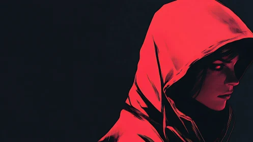 Crimson hood carves a quiet silhouette from the shadows