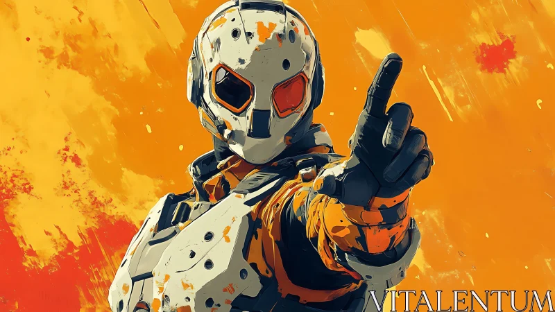 Armored exosuit operator pointing forward on vivid orange field