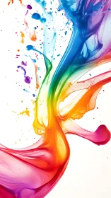 Multicolor liquid paint streams curve upward on white space