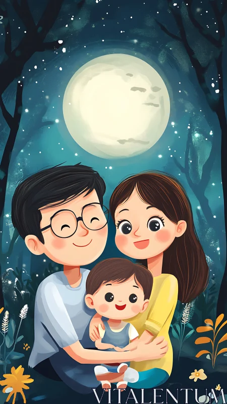 Family Bonding Under Moonlight in Forest Setting.