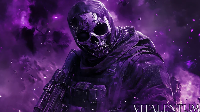 Tactical skull-masked soldier rendered in violet particulate haze