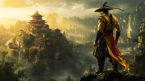 Warrior gazes over mist-lit mountain temple kingdom at dawn.