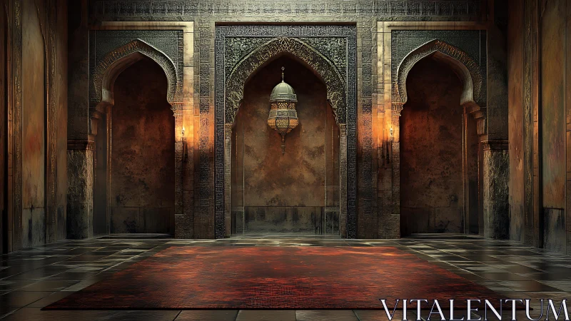 Intricately lit arched hall showcases textured stonework and carpet