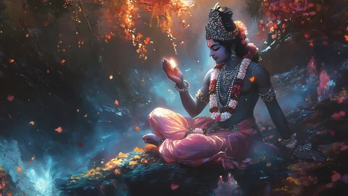 Divine blue figure studies glowing light in enchanted forest